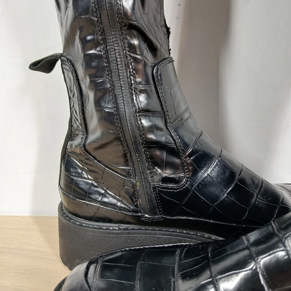 Franco Sarto Janna Boots Womens 6 Black Croc Platform Over The Knee High Gothic